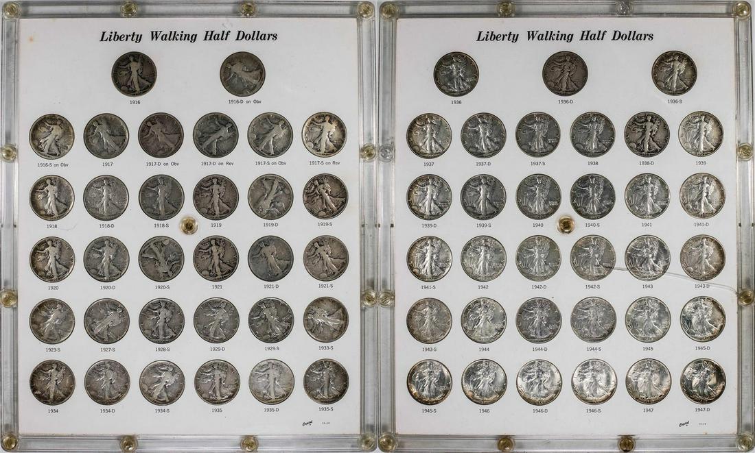 Set of 1916-1947-D Walking Liberty Half Dollar Coins in Plastic Holder: One Set of 1916-1947-D Walking Liberty Half Dollar Coins in Plastic Holder, please note that one of the holders is cracked as shown in the pictures with the lot.