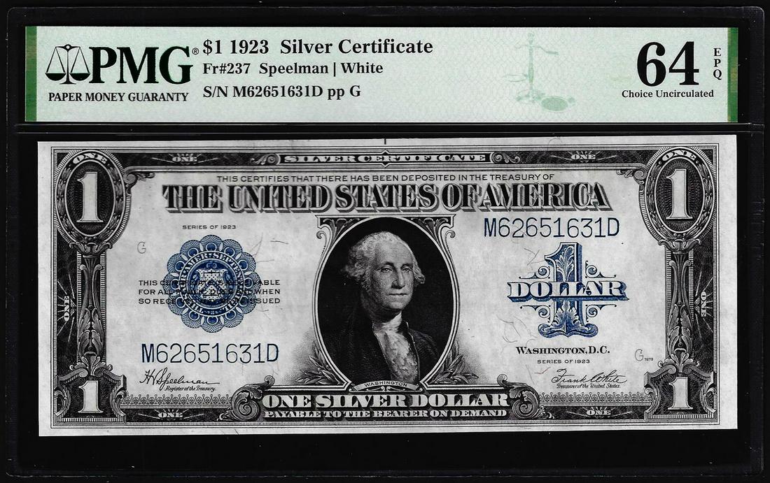 1923 $1 Silver Certificate Note PMG Choice Uncirculated 64EPQ: One 1923 $1 Silver Certificate Note PMG Choice Uncirculated 64EPQ. PMG Certified.