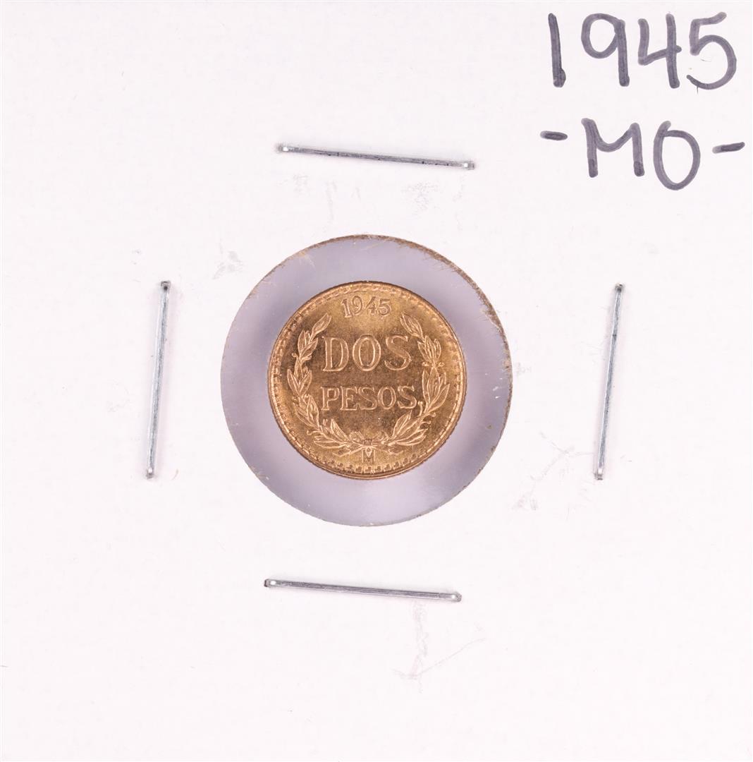 1945 Mexico Dos Pesos Gold Coin: One 1945 Mexico Dos Pesos Gold Coin.