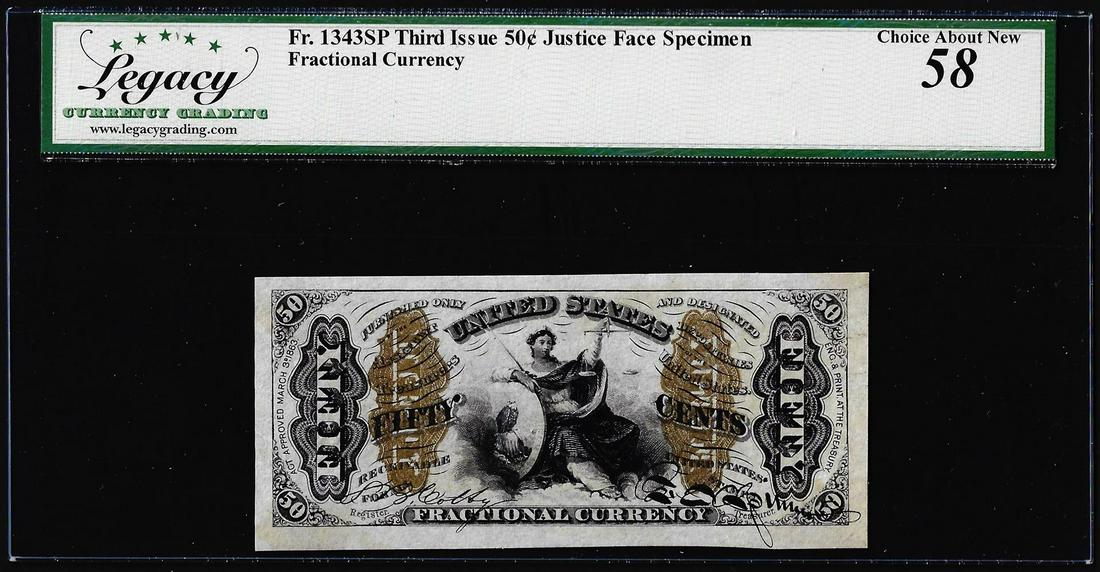 Specimen 1863 Third Issue 50 Cents Fractional Note Fr.1343SP Legacy About New 58: One Specimen 1863 Third Issue 50 Cents Fractional Note Fr.1343SP Legacy About New 58. Legacy Graded.