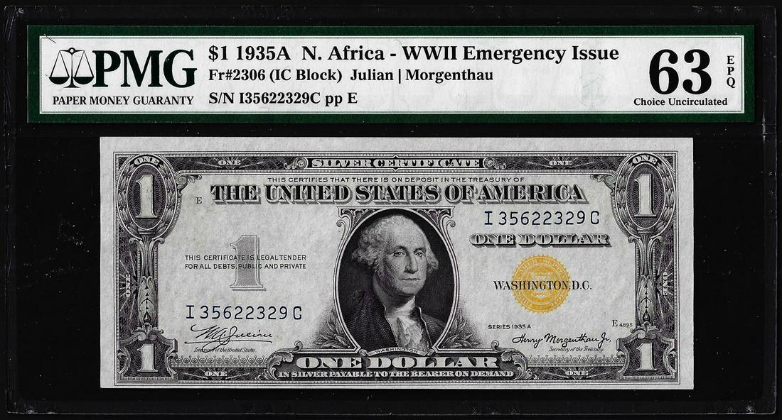 1935A $1 North Africa WWII Emergency Silver Certificate Note PMG Ch. Uncirculated 63EPQ: One 1935A $1 North Africa WWII Emergency Silver Certificate Note PMG Ch. Uncirculated 63EPQ. PMG Certified.