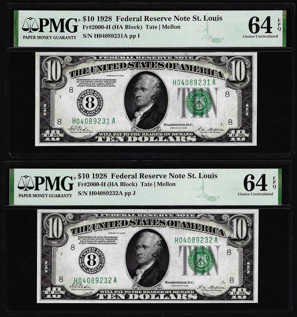 (2) Consecutive 1928 $10 Federal Reserve Notes Fr.2000-H PMG Choice Uncirculated 64EPQ: One (2) Consecutive 1928 $10 Federal Reserve Notes Fr.2000-H PMG Choice Uncirculated 64EPQ. PMG Certified.