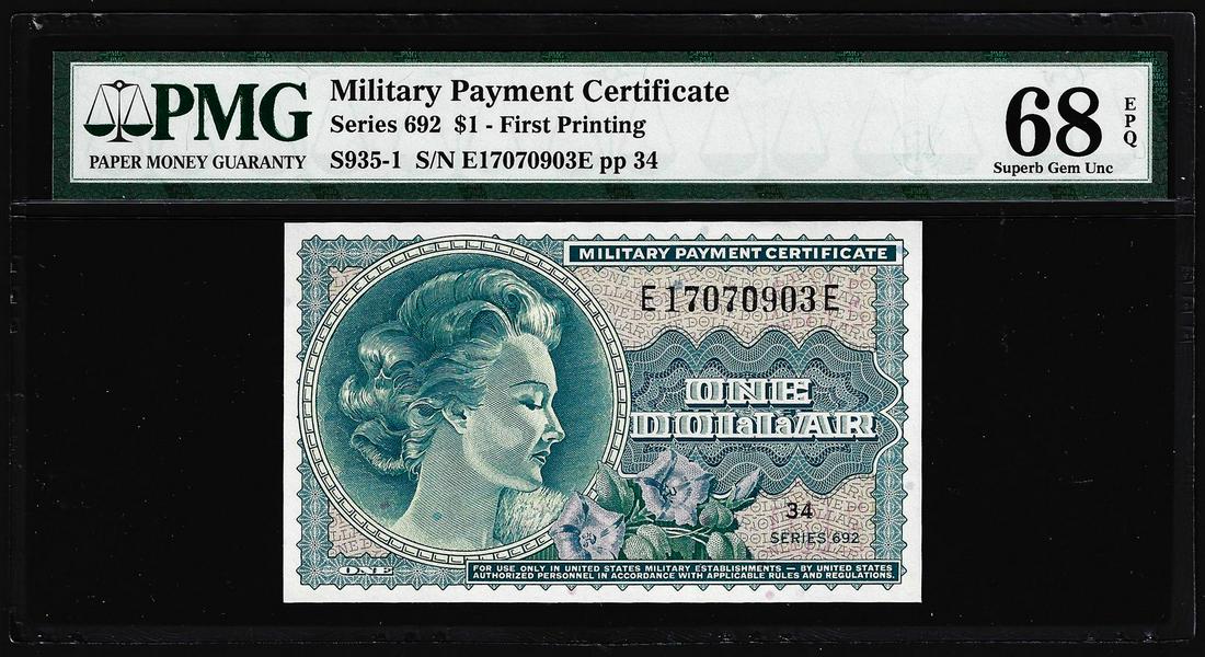 Series 692 $1 Military Payment Certificate Note PMG Superb Gem Unc 68EPQ: One Series 692 $1 Military Payment Certificate Note PMG Superb Gem Unc 68EPQ. PMG Certified.