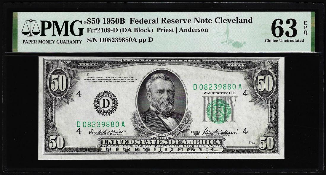 1950B $50 Federal Reserve Note Cleveland Fr.2109-D PMG Choice Uncirculated 63EPQ: One 1950B $50 Federal Reserve Note Cleveland Fr.2109-D PMG Choice Uncirculated 63EPQ. PMG Certified.