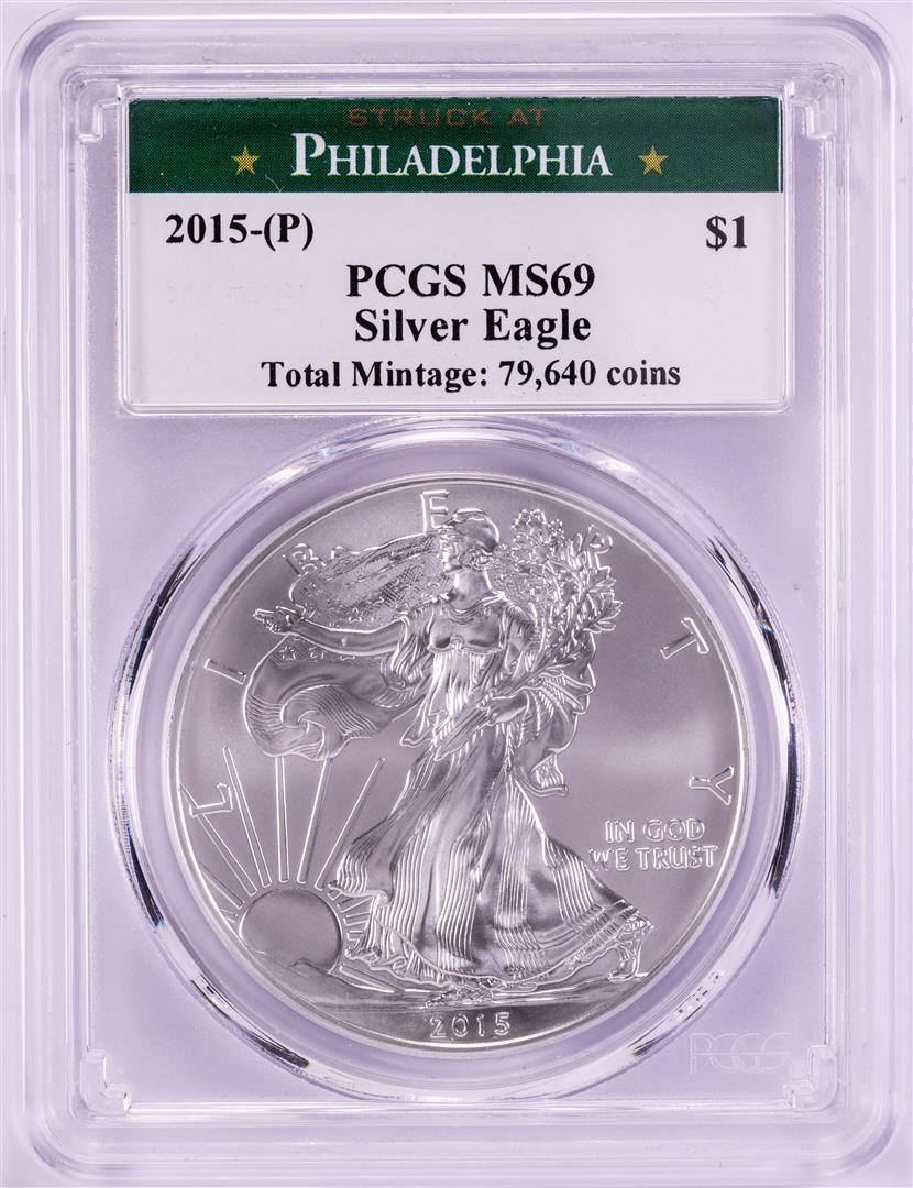 2015-(P) $1 American Silver Eagle Coin PCGS MS69 Struck at Philadelphia: One 2015-(P) $1 American Silver Eagle Coin PCGS MS69 Struck at Philadelphia.