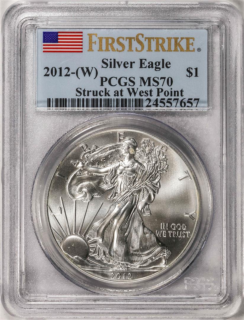 2012-(W) $1 American Silver Eagle Coin PCGS MS70 First Strike West Point: One 2012-(W) $1 American Silver Eagle Coin PCGS MS70 First Strike West Point. PCGS Graded.