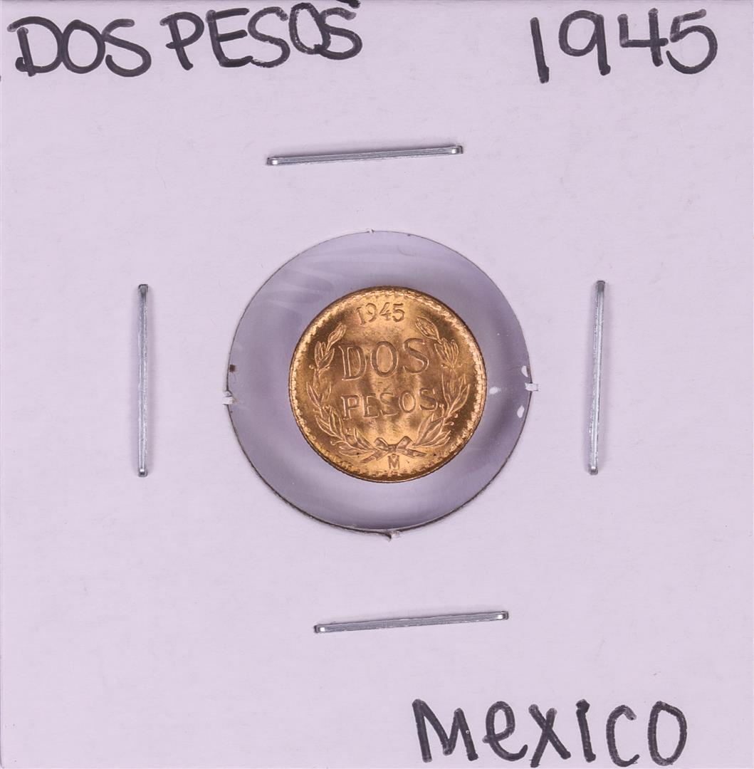 1945 Mexico Dos Pesos Gold Coin: One 1945 Mexico Dos Pesos Gold Coin.