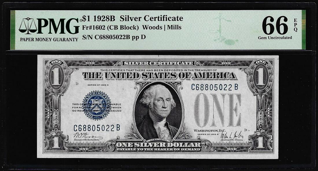 1928B $1 Funnyback Silver Certificate Note Fr.1602 PMG Gem Uncirculated 66EPQ: One 1928B $1 Funnyback Silver Certificate Note Fr.1602 PMG Gem Uncirculated 66EPQ. PMG Certified.