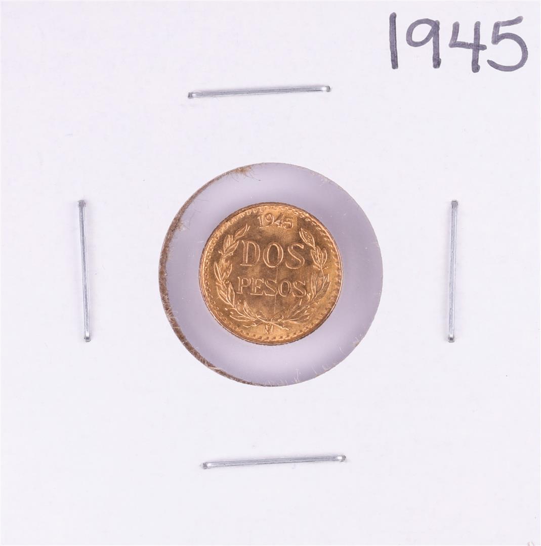 1945 Mexico Dos Pesos Gold Coin: One 1945 Mexico Dos Pesos Gold Coin.