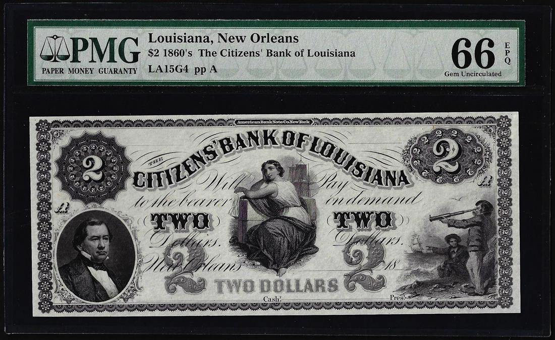 1860's $2 The Citizens' Bank of Louisiana Obsolete Note PMG Gem Uncirculated 66EPQ: One 1860's $2 The Citizens' Bank of Louisiana Obsolete Note PMG Gem Uncirculated 66EPQ. PMG Certified.