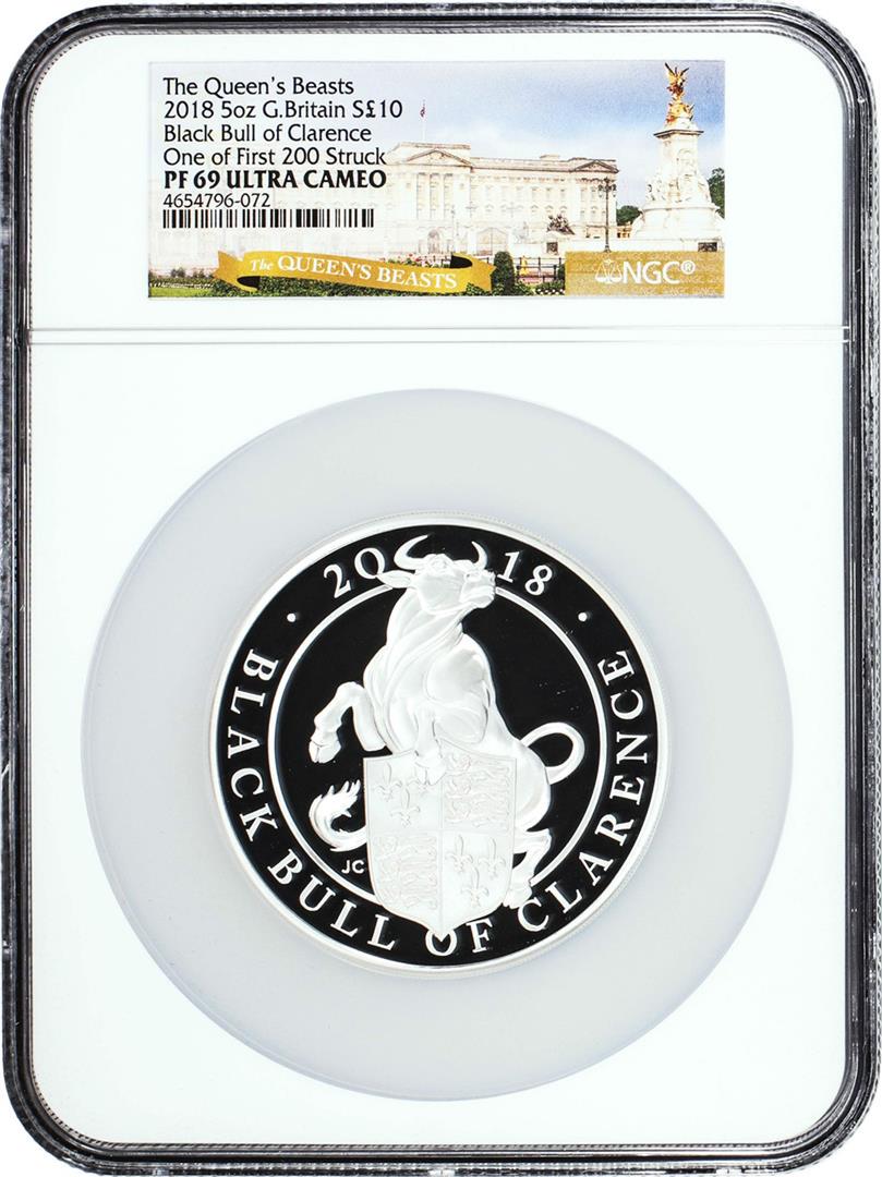 2018 G. Britain 10 Pounds Queen's Beasts Black Bull 5oz Silver Coin NGC PF69 Ultra Cameo: One 2018 G. Britain 10 Pounds Queen's Beasts Black Bull 5oz Silver Coin NGC PF69 Ultra Cameo. NGC Certified.