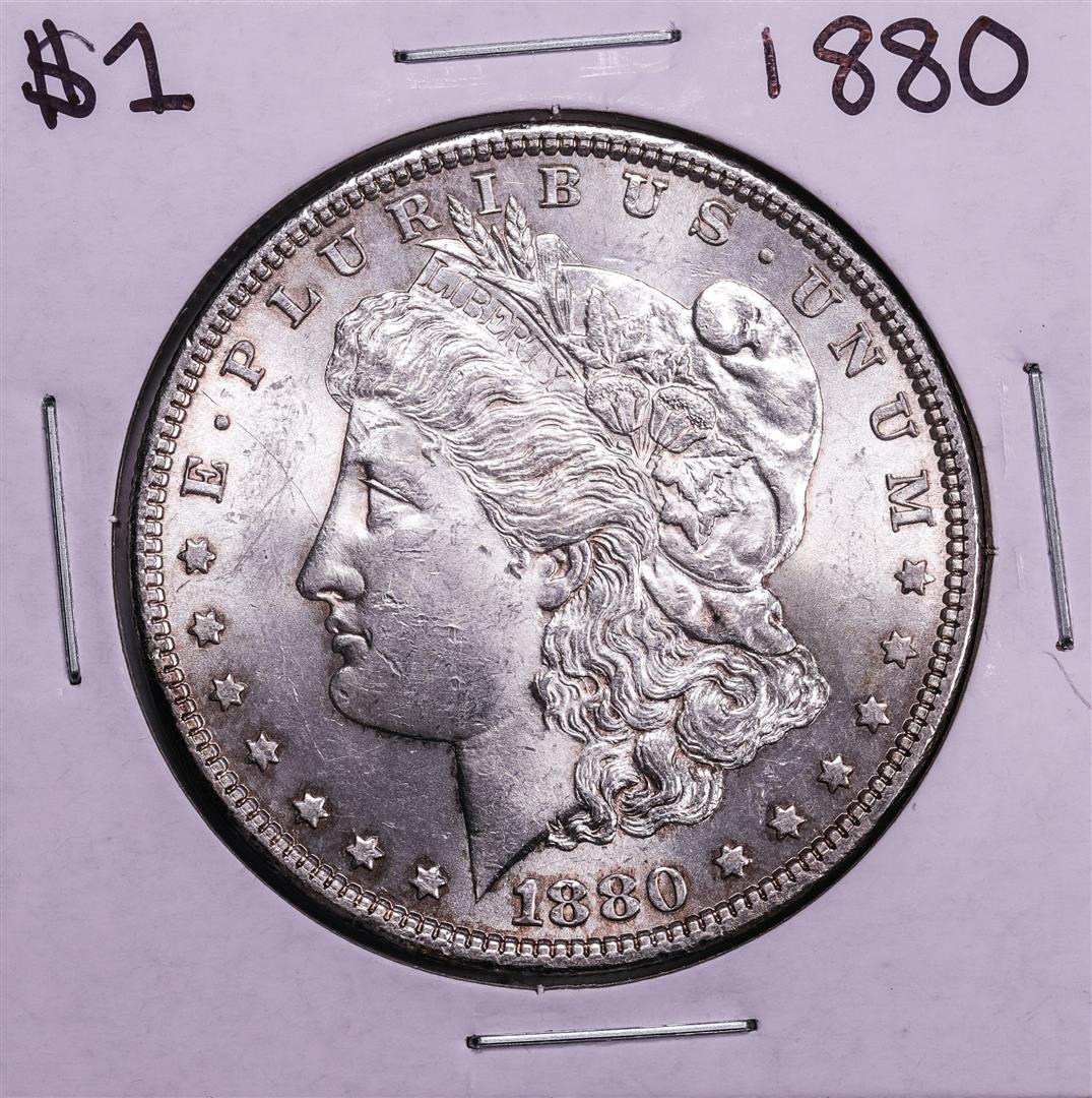1880 $1 Morgan Silver Dollar Coin: One 1880 $1 Morgan Silver Dollar Coin.