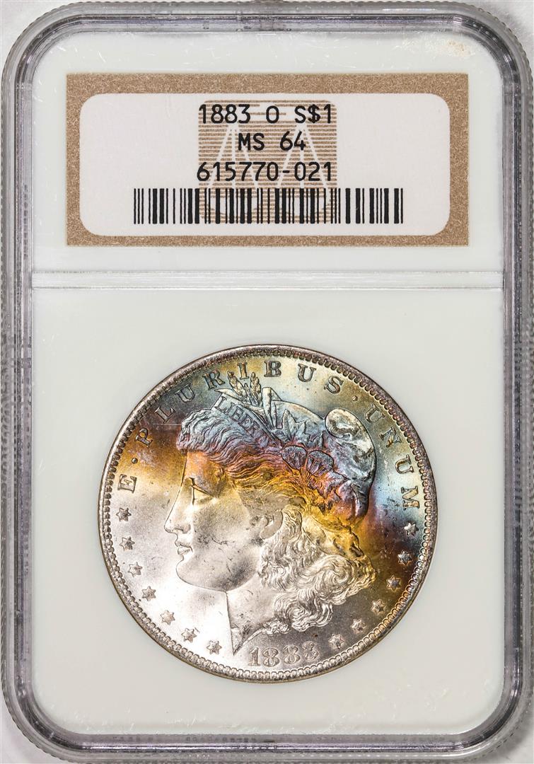 1883-O $1 Morgan Silver Dollar Coin NGC MS64 Amazing Toning: One 1883-O $1 Morgan Silver Dollar Coin NGC MS64 Amazing Toning. NGC Certified.