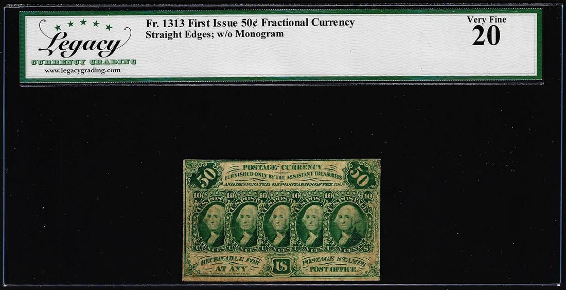 1862 First Issue Fifty Cents Fractional Currency Note Fr.1313 Legacy Very Fine 20: One 1862 First Issue Fifty Cents Fractional Currency Note Fr.1313 Legacy Very Fine 20. Legacy Graded.