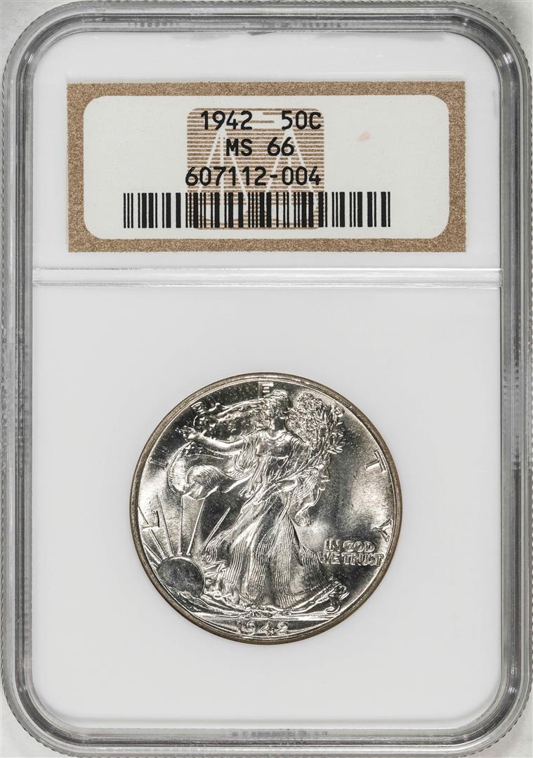 1942 Walking Liberty Half Dollar Coin NGC MS66: One 1942 Walking Liberty Half Dollar Coin NGC MS66. NGC Certified.