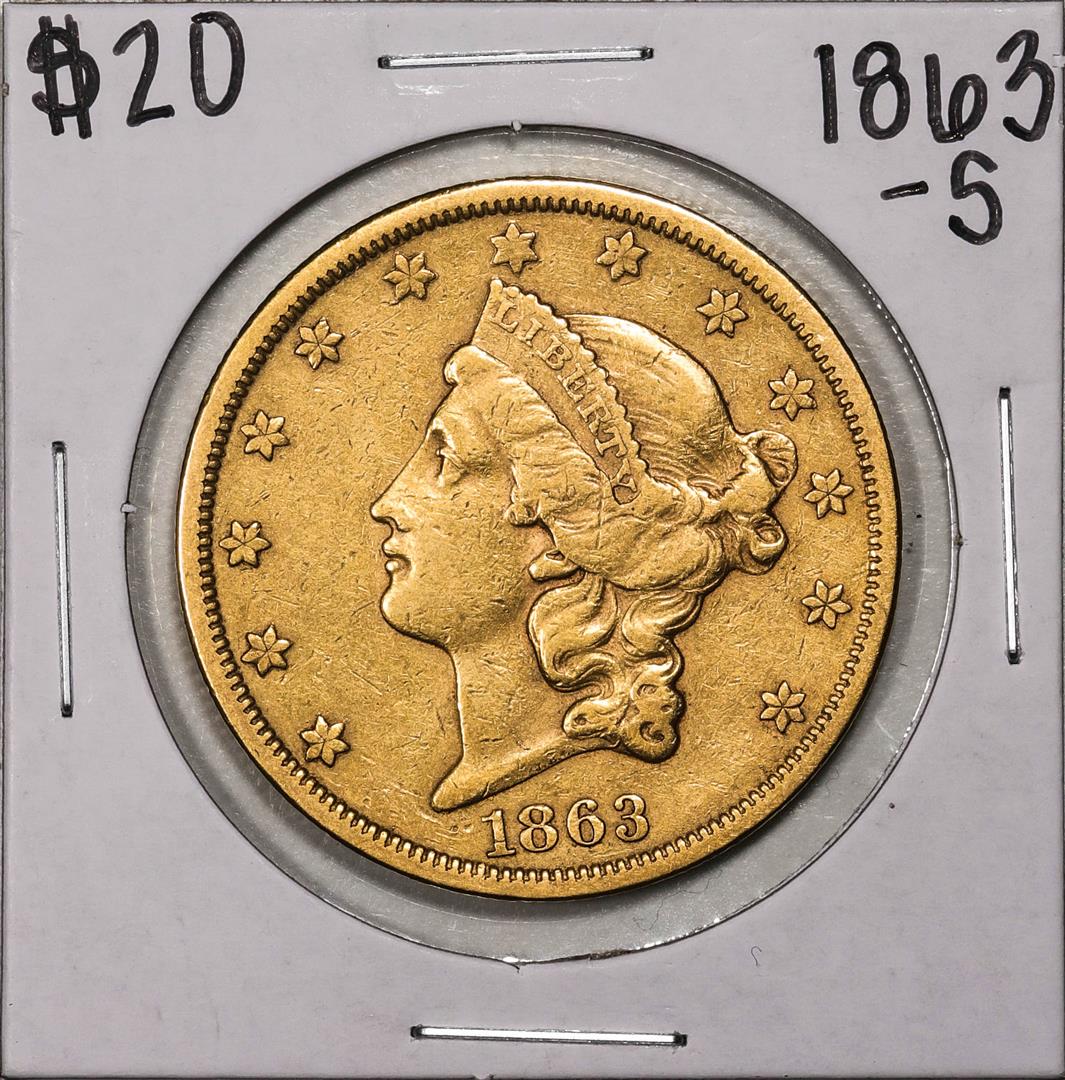 1863-S $20 Liberty Head Double Eagle Gold Coin: One 1863-S $20 Liberty Head Double Eagle Gold Coin.