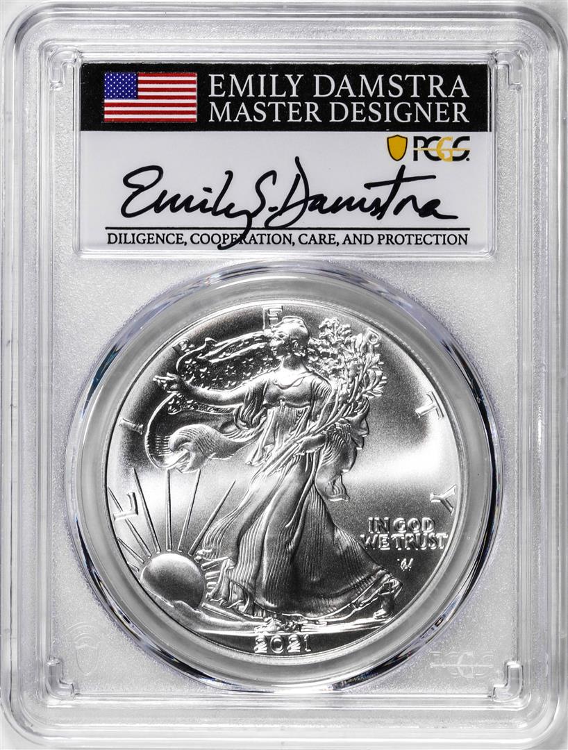 2021 Type 2 $1 American Silver Eagle Coin PCGS MS70 Damstra Signature First Strike: One 2021 Type 2 $1 American Silver Eagle Coin PCGS MS70 Damstra Signature First Strike. PCGS Graded.
