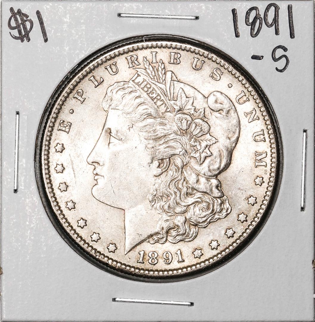 1891-S $1 Morgan Silver Dollar Coin: One 1891-S $1 Morgan Silver Dollar Coin.