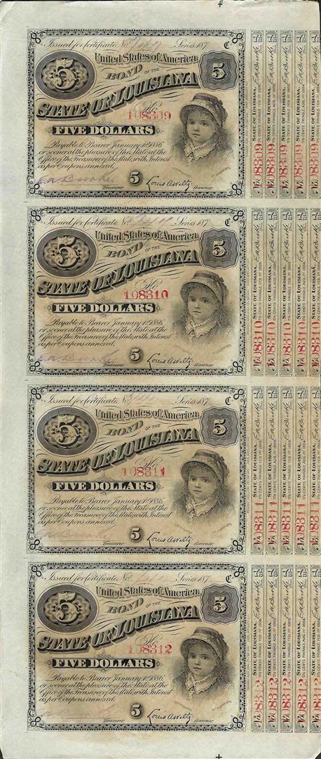 Uncut Sheet of (4) State of Louisiana Baby Bond Obsolete Notes: One Uncut Sheet of (4) State of Louisiana Baby Bond Obsolete Notes.
