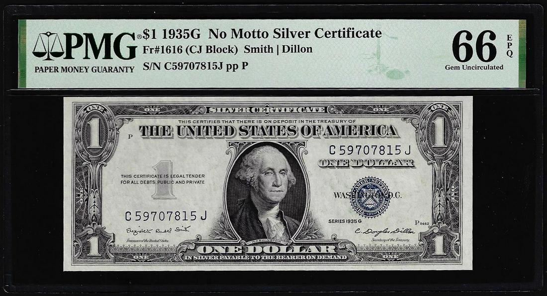 1935G No Motto $1 Silver Certificate Note Fr.1616 PMG Gem Uncirculated 66EPQ: One 1935G No Motto $1 Silver Certificate Note Fr.1616 PMG Gem Uncirculated 66EPQ. PMG Certified.