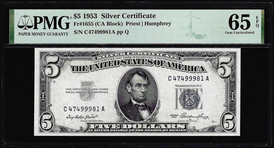 1953 $5 Silver Certificate Note Fr.1655 PMG Gem Uncirculated 65EPQ: One 1953 $5 Silver Certificate Note Fr.1655 PMG Gem Uncirculated 65EPQ. PMG Certified.