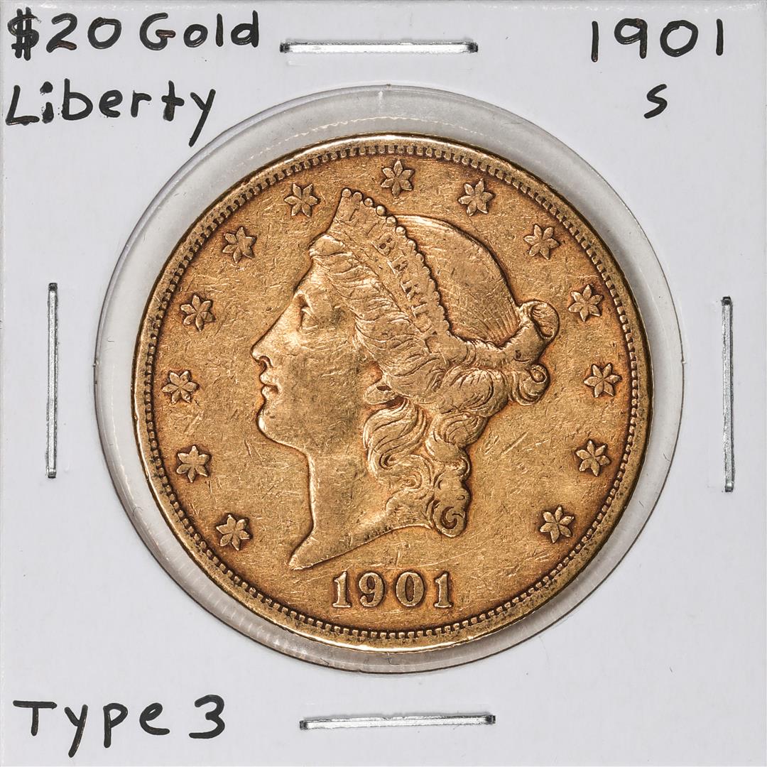 1901-S Type 3 $20 Liberty Head Double Eagle Gold Coin: One 1901-S Type 3 $20 Liberty Head Double Eagle Gold Coin.