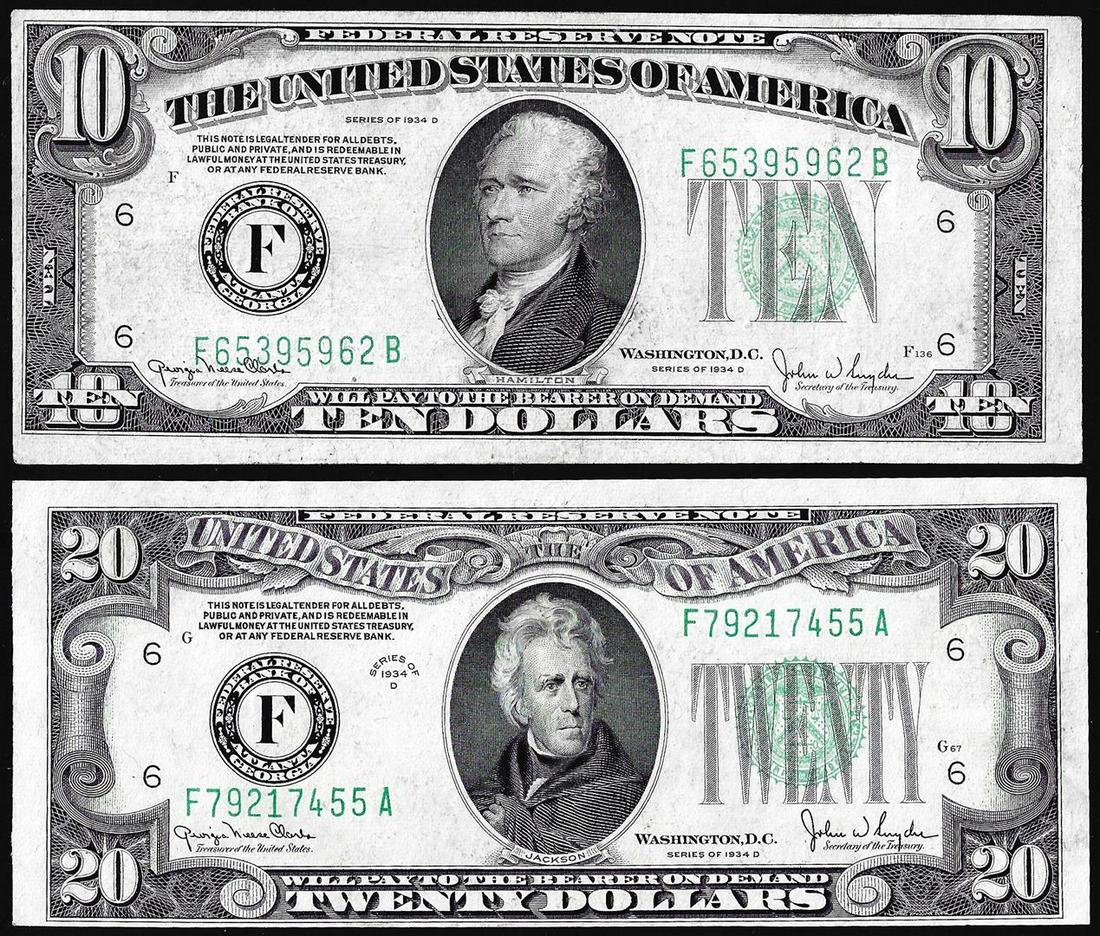 Lot of 1934D $10 & $20 Federal Reserve Notes Atlanta: One Lot of 1934D $10 & $20 Federal Reserve Notes Atlanta.