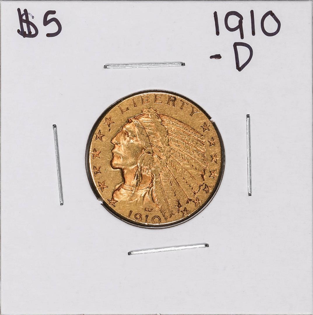 1910-D $5 Indian Head Half Eagle Gold Coin: One 1910-D $5 Indian Head Half Eagle Gold Coin.
