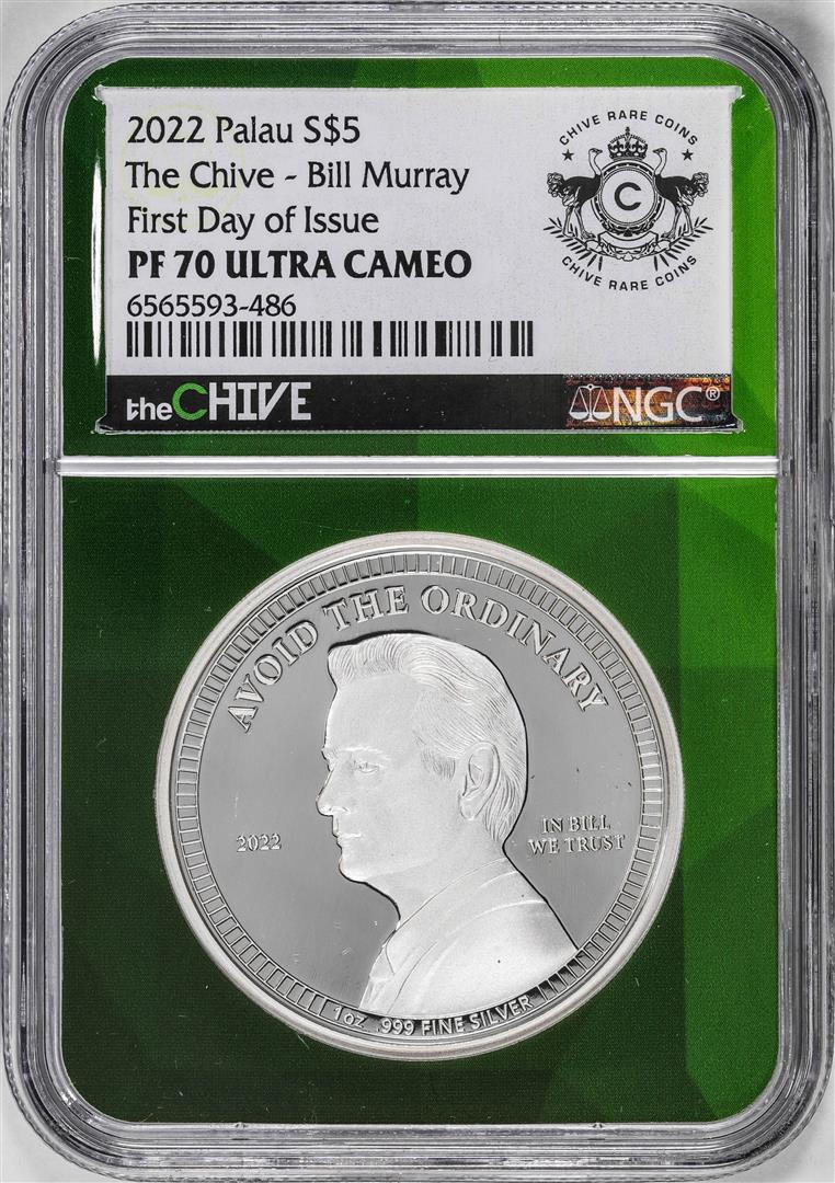 2022 Paulau $5 Proof The Chive Bill Murray Silver Coin NGC PF70 Ultra Cameo FDOI: One 2022 Paulau $5 Proof The Chive Bill Murray Silver Coin NGC PF70 Ultra Cameo FDOI. NGC Certified.