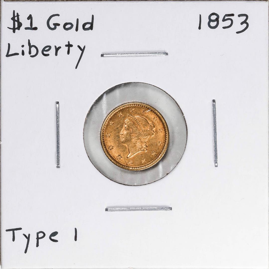 1853 Type 1 $1 Liberty Head Gold Dollar Coin: One 1853 Type 1 $1 Liberty Head Gold Dollar Coin.