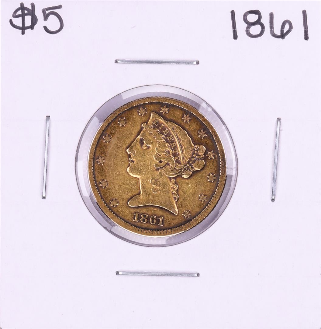 1861 $5 Liberty Head Half Eagle Gold Coin: One 1861 $5 Liberty Head Half Eagle Gold Coin.