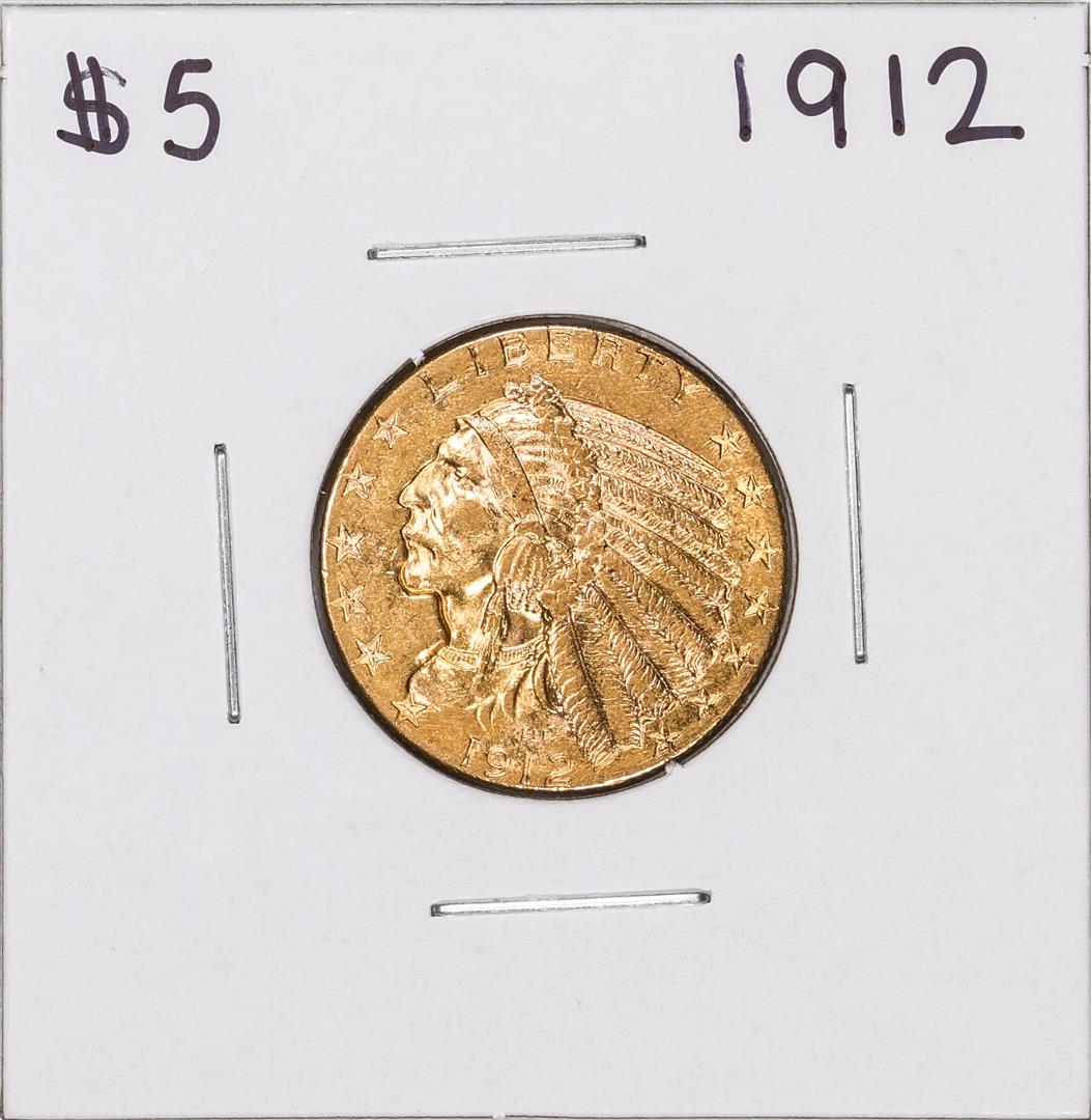 1912 $5 Indian Head Half Eagle Gold Coin: One 1912 $5 Indian Head Half Eagle Gold Coin.