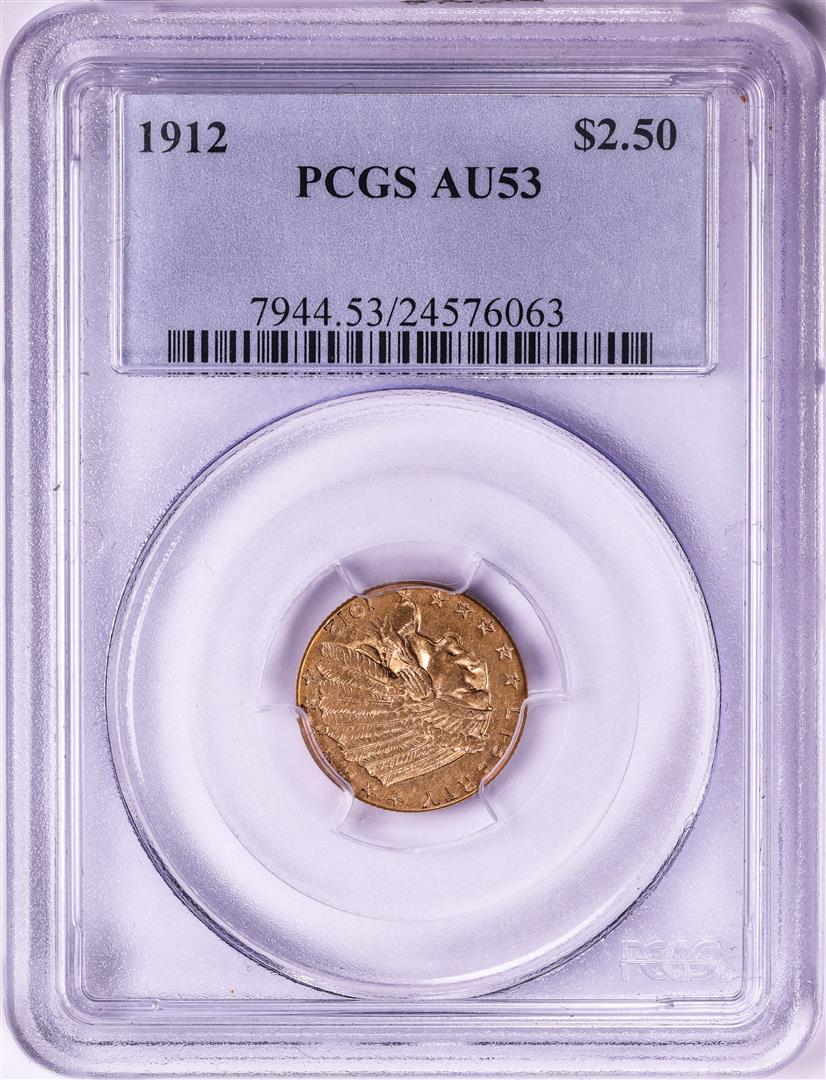 1912 $2 1/2 Indian Head Quarter Eagle Gold Coin PCGS AU53: One 1912 $2 1/2 Indian Head Quarter Eagle Gold Coin PCGS AU53. PCGS Graded.