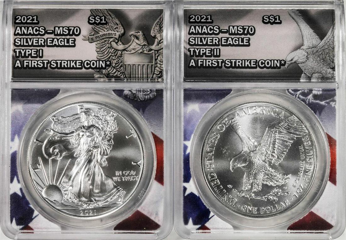 Lot of 2021 Type 1 & Type 2 $1 American Silver Eagle Coins ANACS MS70 First Strike: One Lot of 2021 Type 1 & Type 2 $1 American Silver Eagle Coins ANACS MS70 First Strike. ANACS Certified.