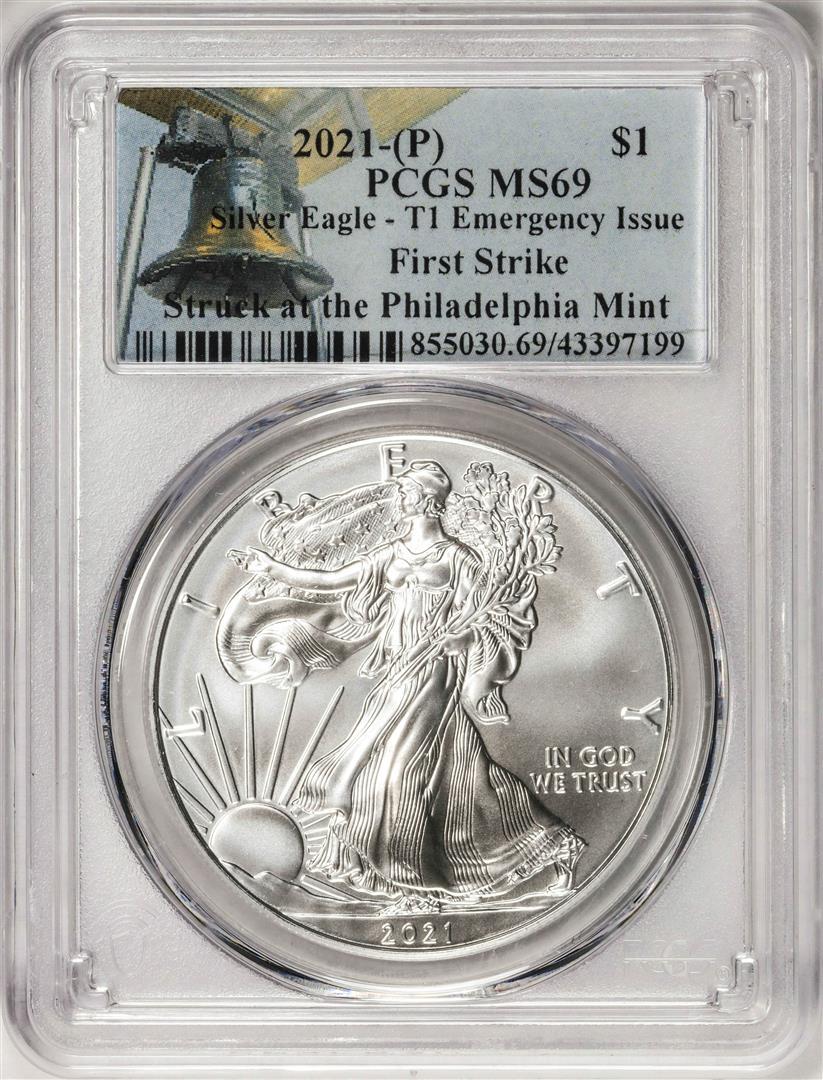 2021-(P) Type 1 $1 American Silver Eagle Coin PCGS MS69 First Strike Emergency Issue: One 2021-(P) Type 1 $1 American Silver Eagle Coin PCGS MS69 First Strike Emergency Issue. PCGS Graded.