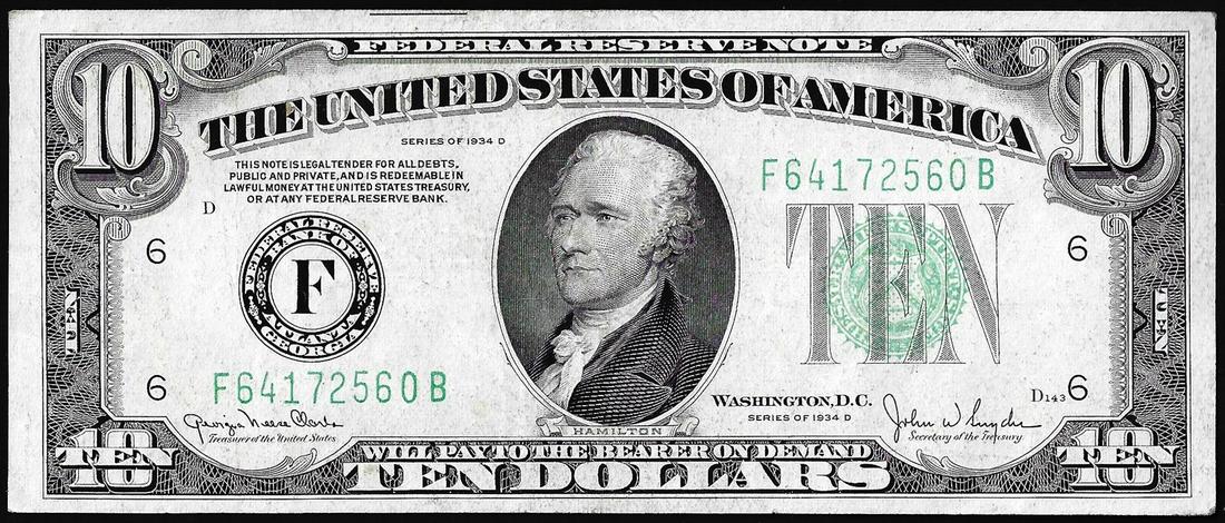 1934D $10 Federal Reserve Note Atlanta: One 1934D $10 Federal Reserve Note Atlanta.