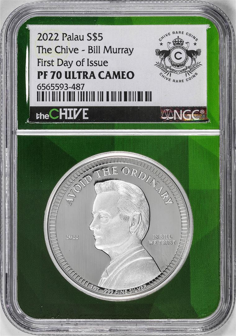 2022 Paulau $5 Proof The Chive Bill Murray Silver Coin NGC PF70 Ultra Cameo FDOI: One 2022 Paulau $5 Proof The Chive Bill Murray Silver Coin NGC PF70 Ultra Cameo FDOI. NGC Certified.