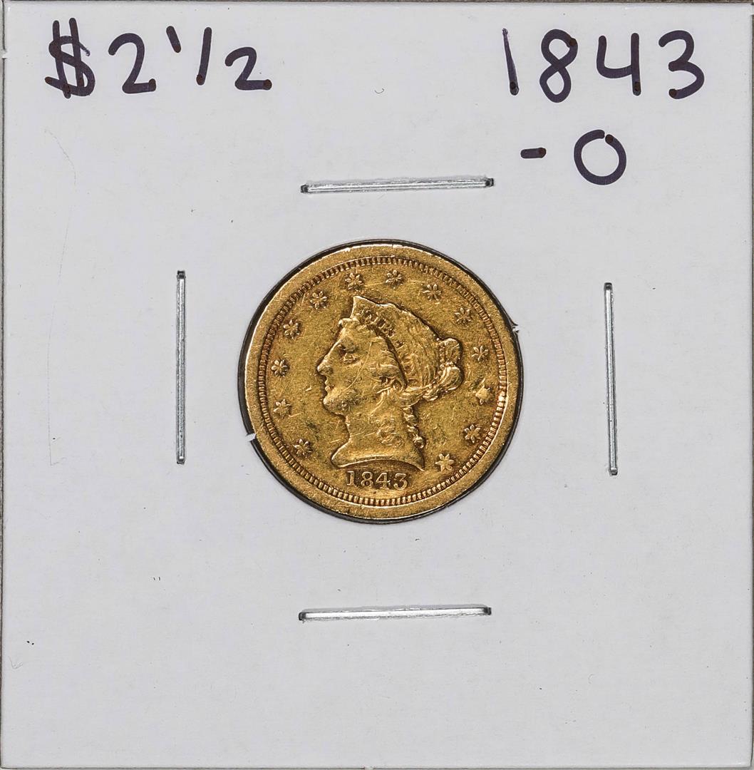 1843-O $2 1/2 Liberty Head Quarter Eagle Gold Coin: One 1843-O $2 1/2 Liberty Head Quarter Eagle Gold Coin.