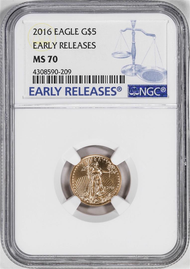 2016 $5 American Gold Eagle Coin NGC MS70 Early Releases: One 2016 $5 American Gold Eagle Coin NGC MS70 Early Releases. NGC Certified.