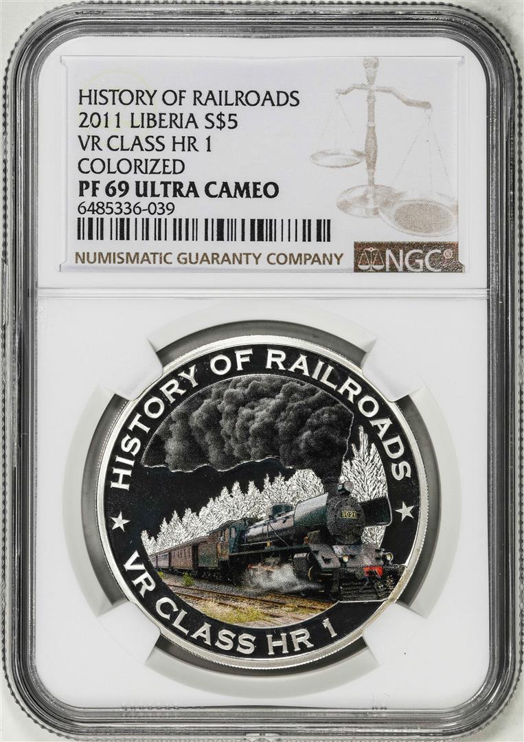 2011 Liberia $5 History of Railroads VR Class HR 1 Silver Coin NGC PF69 Ultra Cameo: One 2011 Liberia $5 History of Railroads VR Class HR 1 Silver Coin NGC PF69 Ultra Cameo. NGC Certified.