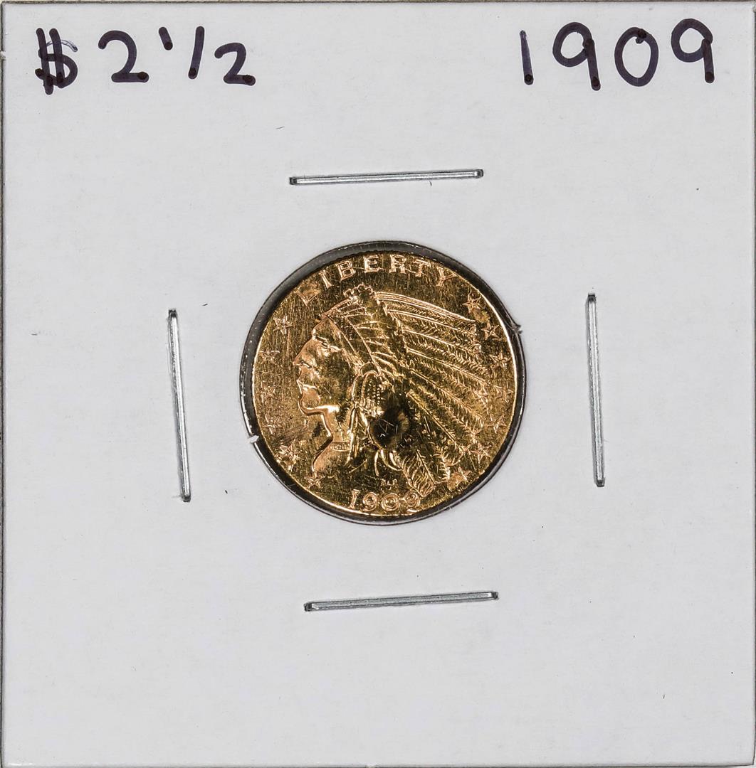 1909 $2 1/2 Indian Head Quarter Eagle Gold Coin: One 1909 $2 1/2 Indian Head Quarter Eagle Gold Coin, please note there is some damage to the coin as shown in the pictures.