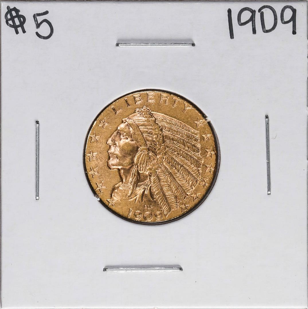 1909 $5 Indian Head Half Eagle Gold Coin: One 1909 $5 Indian Head Half Eagle Gold Coin.