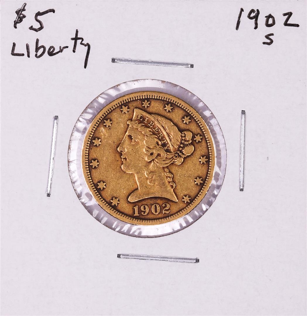 1902-S $5 Liberty Head Half Eagle Gold Coin: One 1902-S $5 Liberty Head Half Eagle Gold Coin.