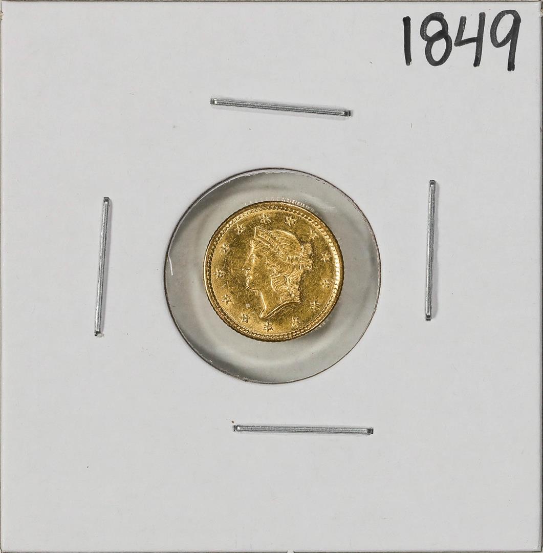 1849 Type 1 $1 Liberty Head Gold Dollar Coin: One 1849 Type 1 $1 Liberty Head Gold Dollar Coin.