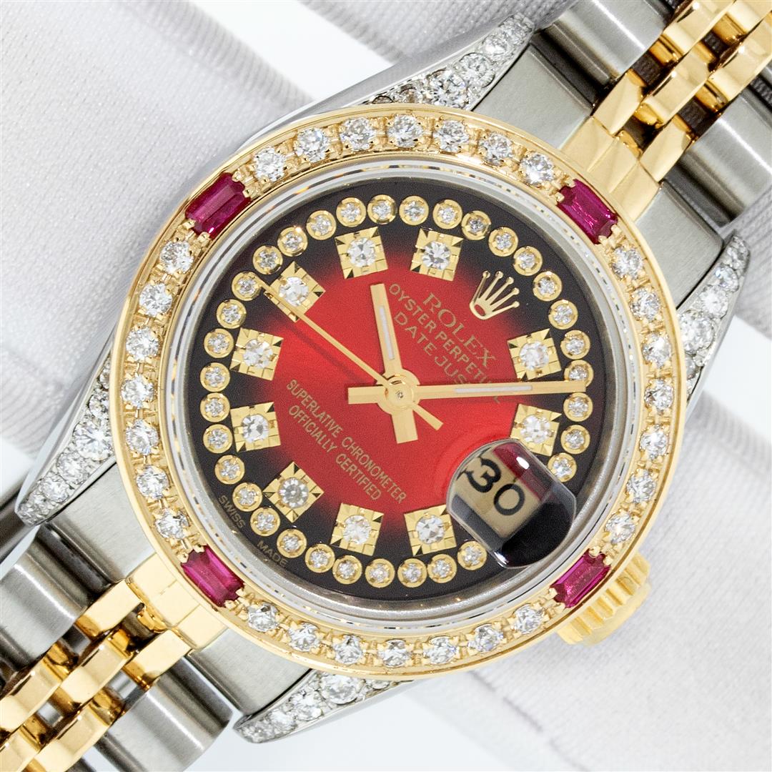 Rolex Ladies Two Tone Diamond and Ruby Wristwatch with Rolex Box: One Ladies Two Tone Rolex Datejust Polished Bright with Satin Finish, Serviced & Electronically Tested, Rolex Stainless Steel Case: 26mm, Rolex Gold Crown, Custom Diamond Lugs: 24 Diamonds On Lugs, Cl