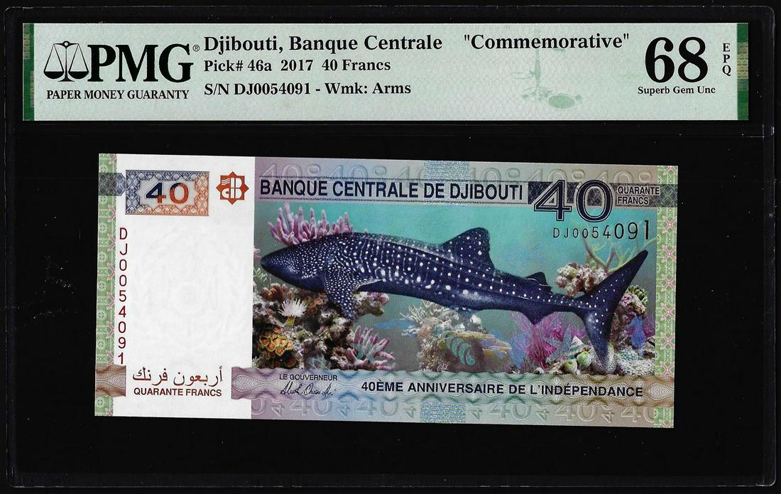2017 Djibouti Central Bank 40 Francs Note Pick# 46a PMG Superb Gem Uncirculated 68EPQ: One 2017 Djibouti Central Bank 40 Francs Note Pick# 46a PMG Superb Gem Uncirculated 68EPQ. PMG Certified.
