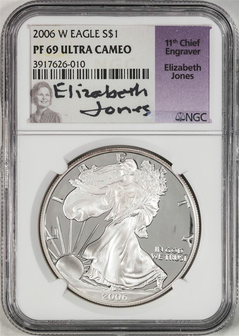 2006-W $1 Proof American Silver Eagle Coin NGC PF69 Ultra Cameo E. Jones Signature: One 2006-W $1 Proof American Silver Eagle Coin NGC PF69 Ultra Cameo Elizabeth Jones Signature. NGC Certified.