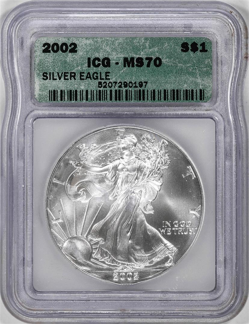 2002 $1 American Silver Eagle Coin ICG MS70: One 2002 $1 American Silver Eagle Coin ICG MS70. ICG Certified.