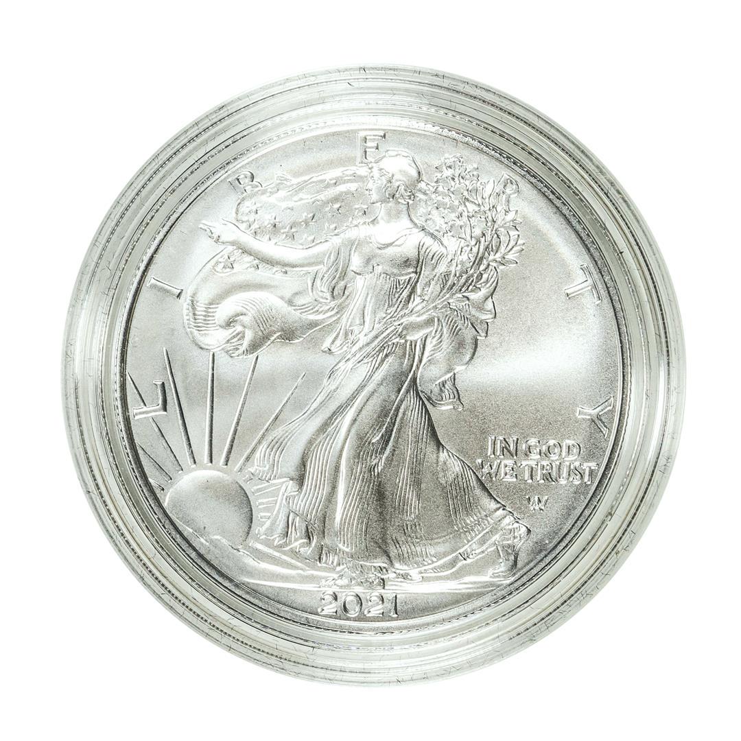 2021-W Type 2 $1 Burnished American Silver Eagle Coin: One 2021-W Type 2 $1 Burnished American Silver Eagle Coin.