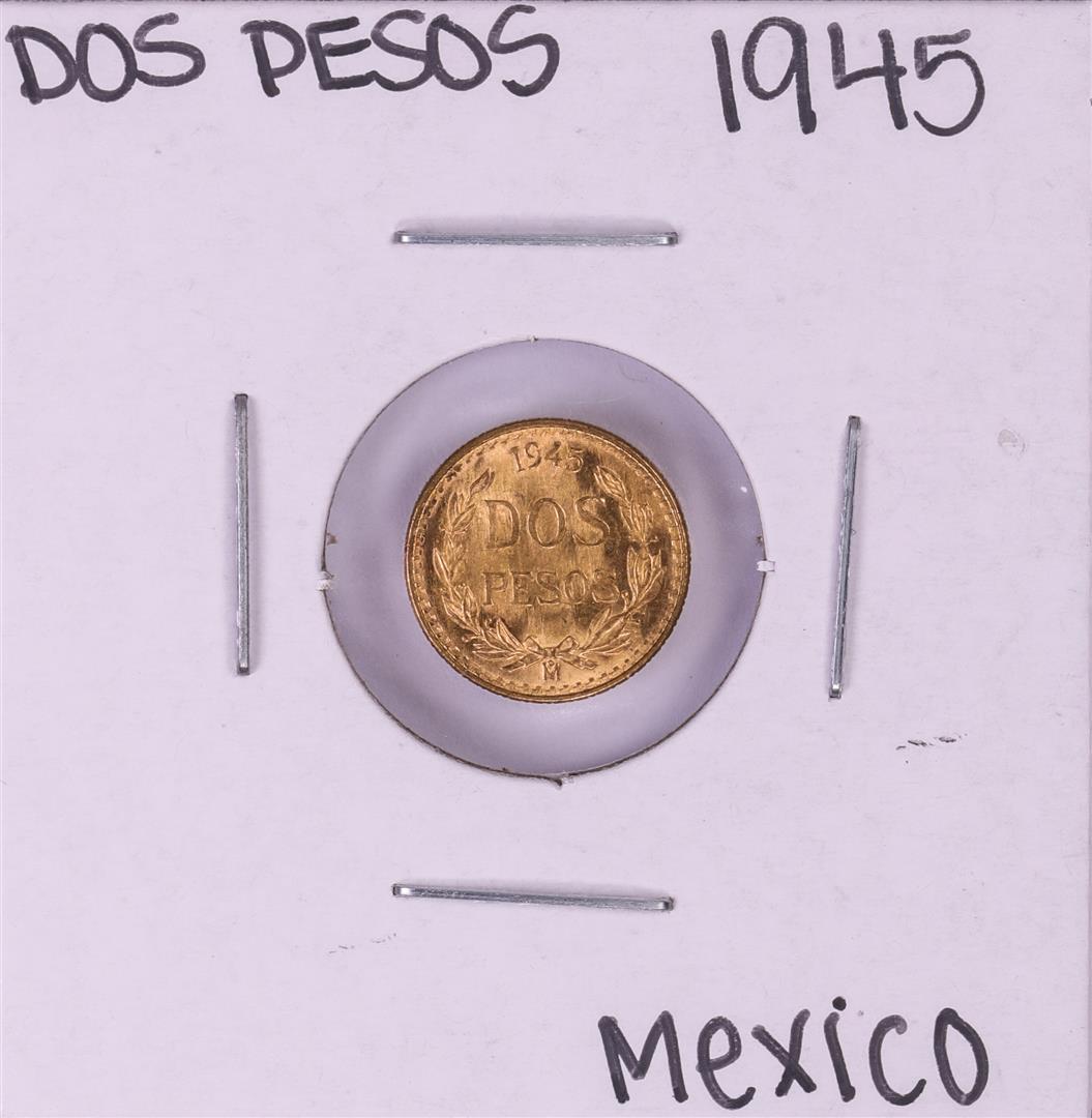 1945 Mexico Dos Pesos Gold Coin: One 1945 Mexico Dos Pesos Gold Coin.